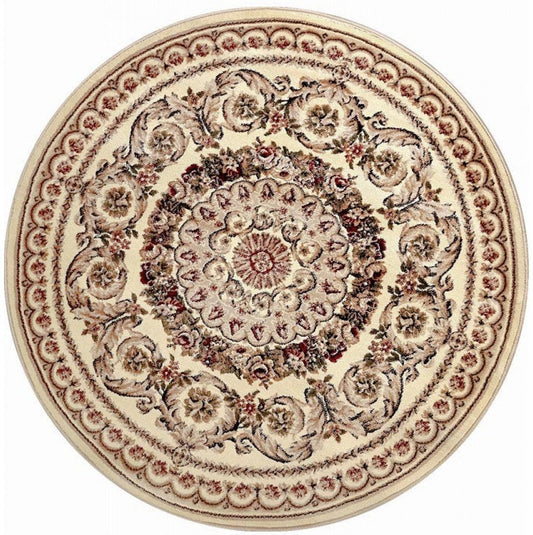 Covor clasic rotund crem bej cu model floral ornamental