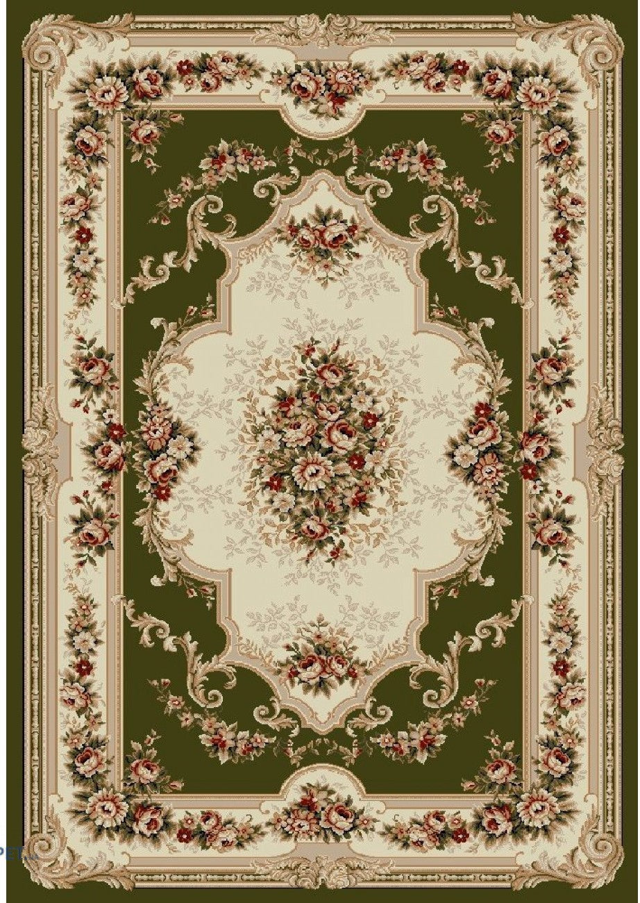 Covor clasic verde cu model floral traditional vazut de sus