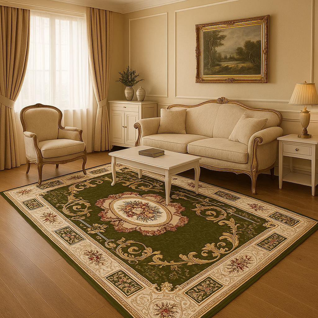 covor clasic verde integrat in living elegant, model Lotos 542