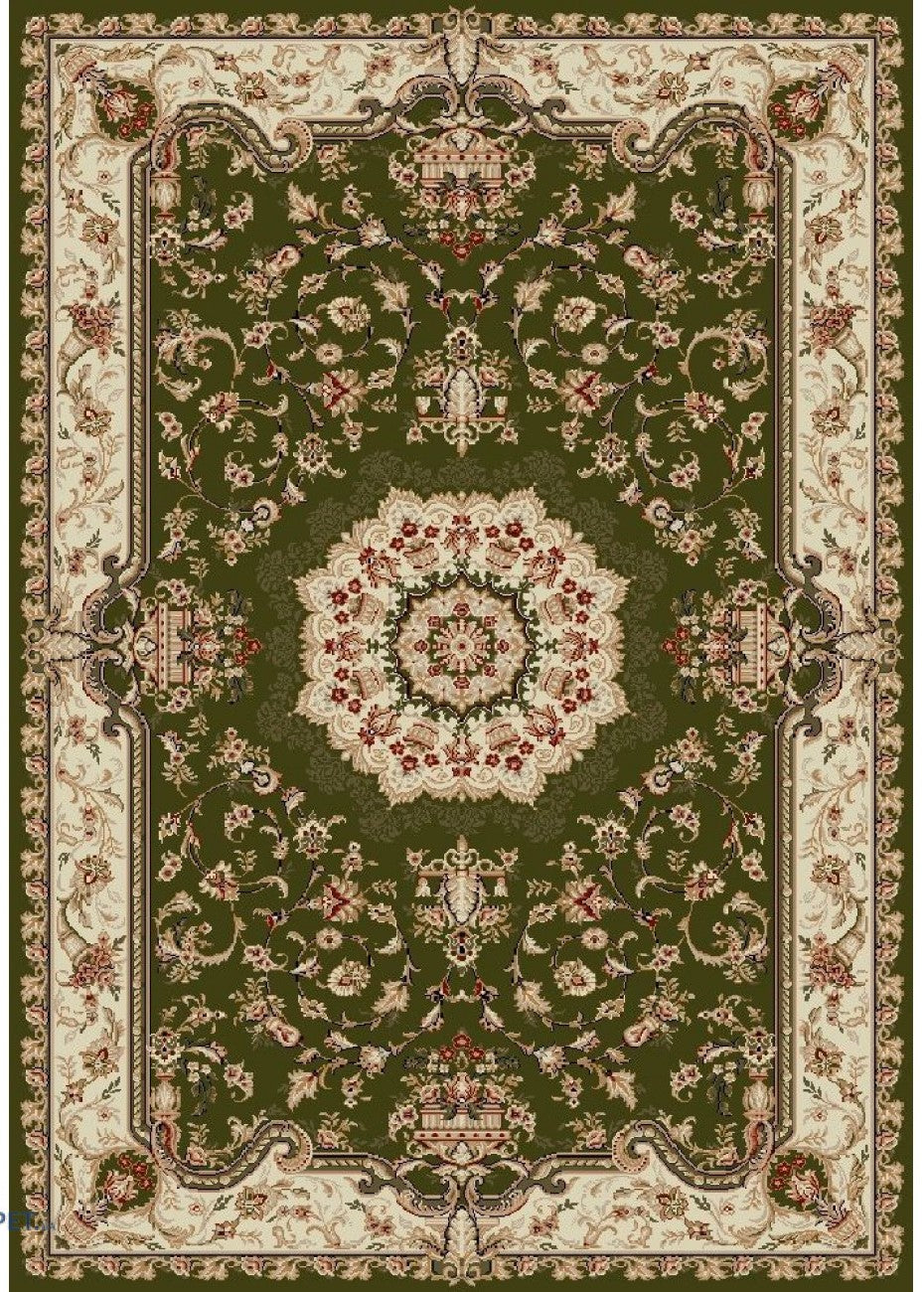 Covor clasic verde cu model traditional, ideal pentru living sau dormitor