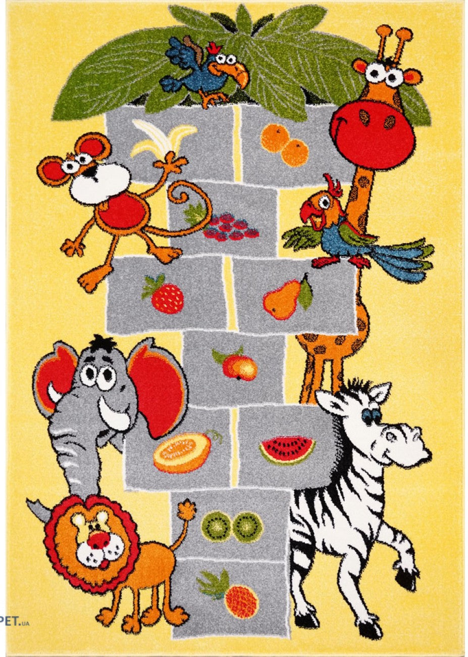 Covor copii galben cu model animale safari si elemente educative, covor camera copii colorat si atractiv pentru joaca