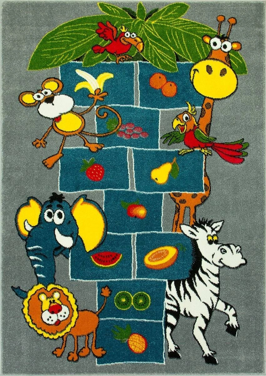 Covor copii gri cu model animale safari si elemente educative, covor camera copii colorat si atractiv pentru joaca