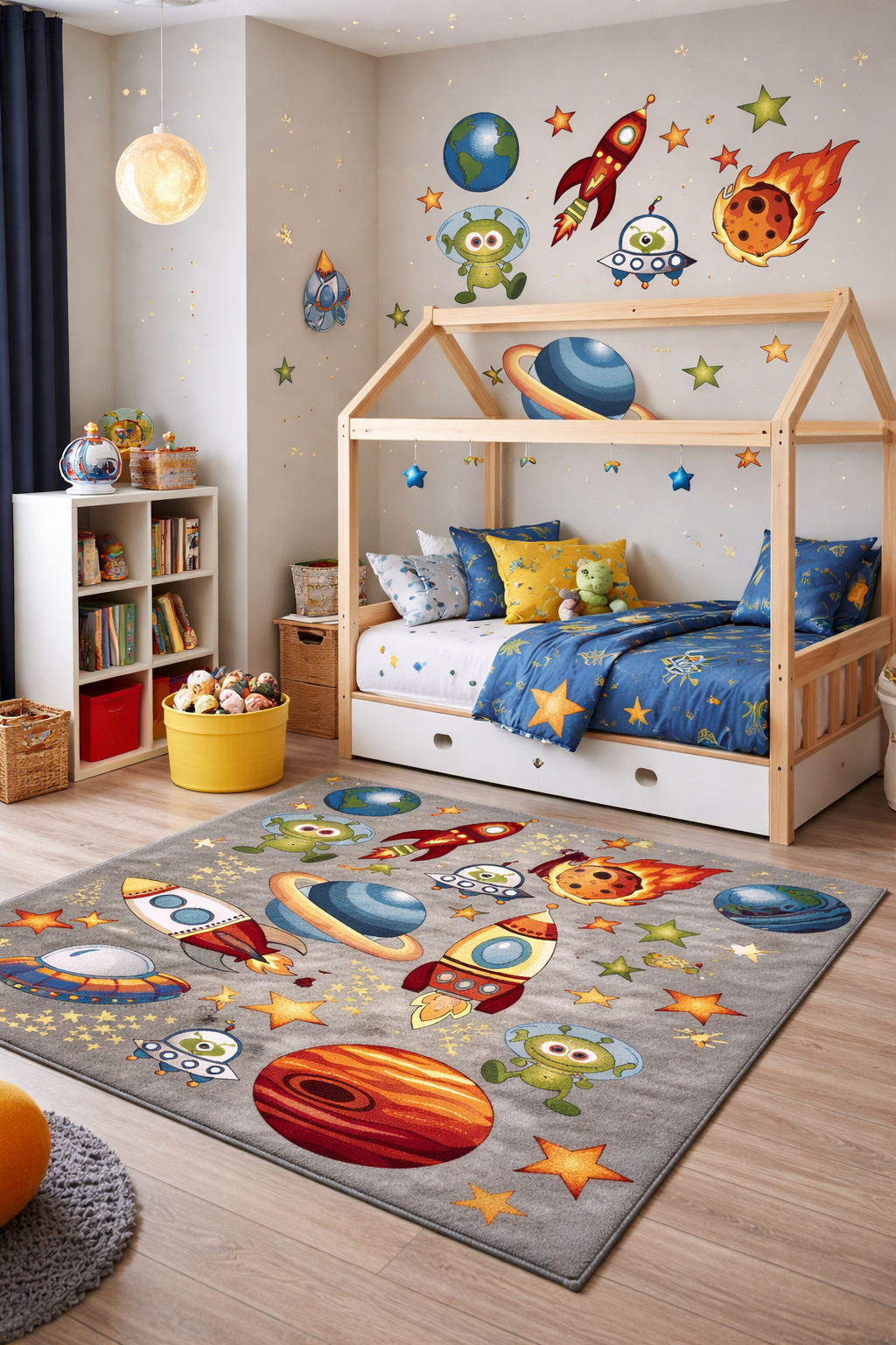Covor copii gri cu rachete si planete in camera copilului, covor camera copii modern si confortabil, ideal pentru joaca