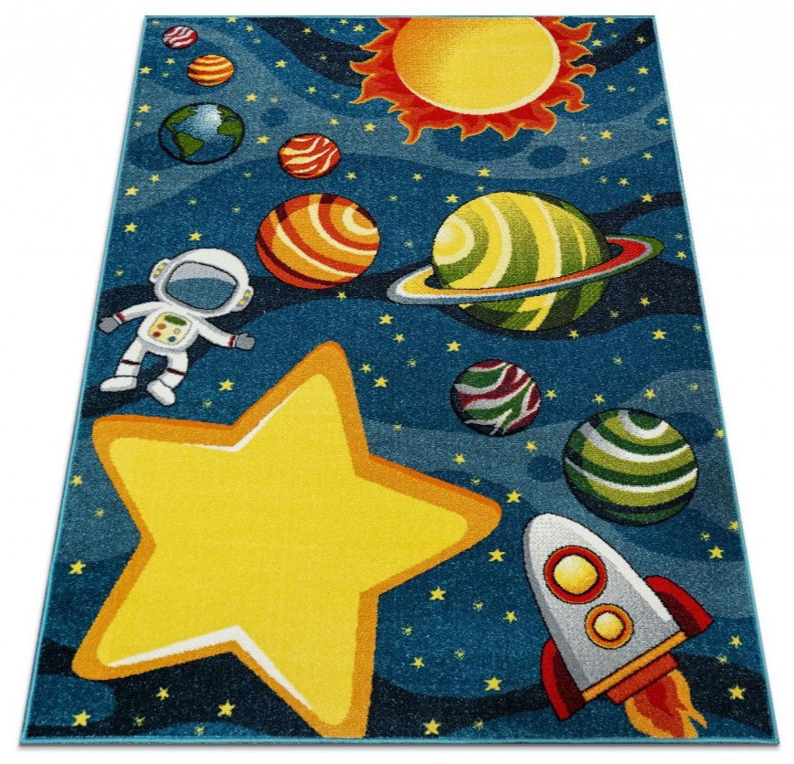 Covor modern pentru copii cu univers, stea galbena, racheta si planete, perfect pentru camera baieti