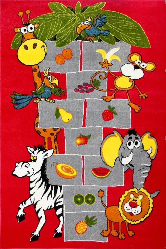 Covor copii rosu cu model animale safari si elemente educative, covor camera copii colorat si atractiv pentru joaca