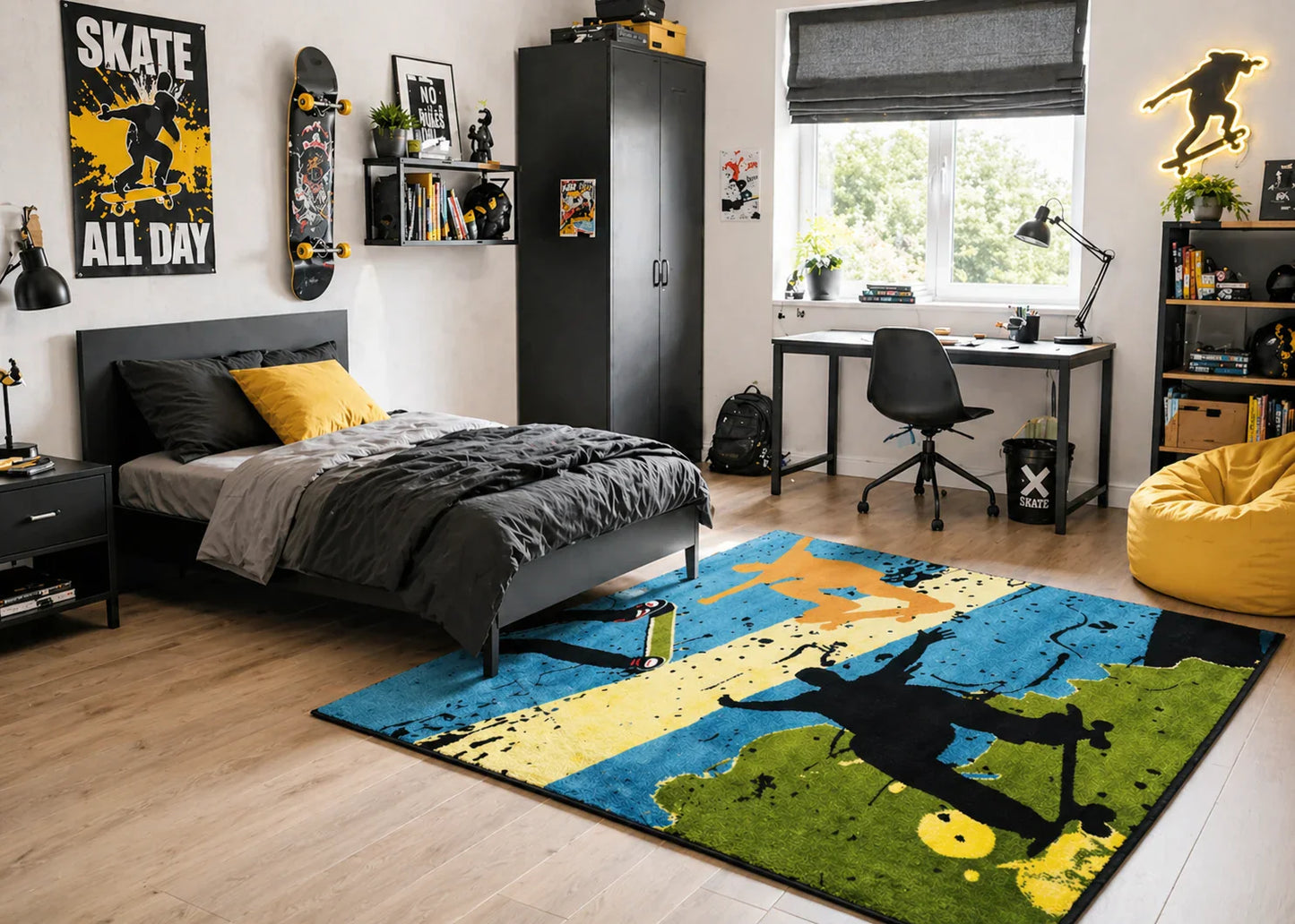 Covor pentru copii cu skateboard și design colorat, ideal pentru camera copiilor