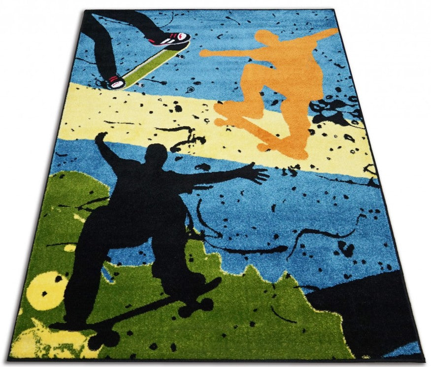 Covor modern pentru copii cu skateboard și model urban pentru spațiu de joacă