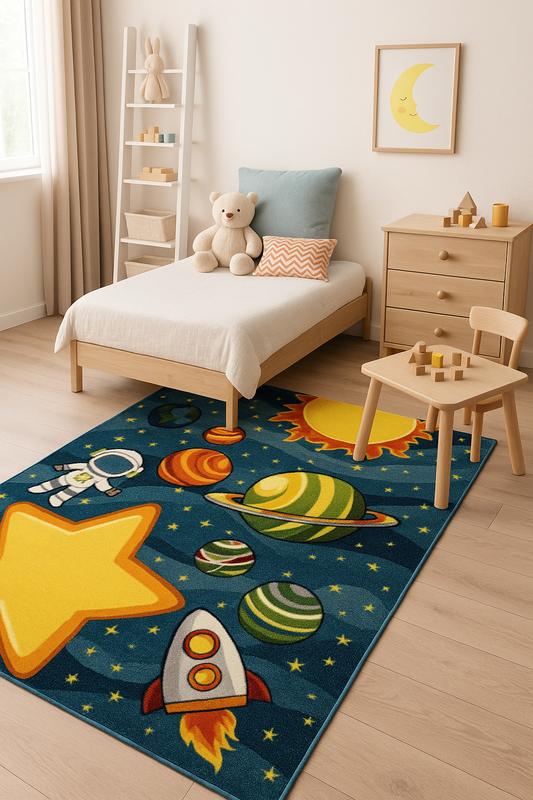 Covor pentru copii cu model spatiu cosmic, racheta, planete si stea galbena, ideal pentru camera copiilor