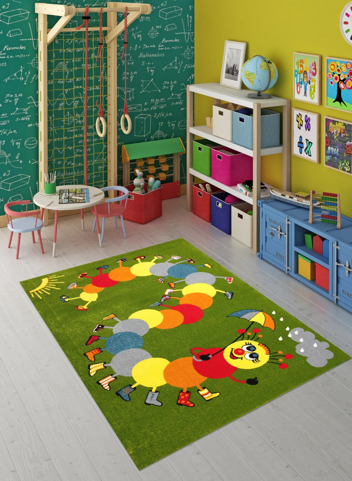 Covor copii verde educativ cu omida si cifre in camera copiilor, covor camera copii ideal pentru joaca si invatare
