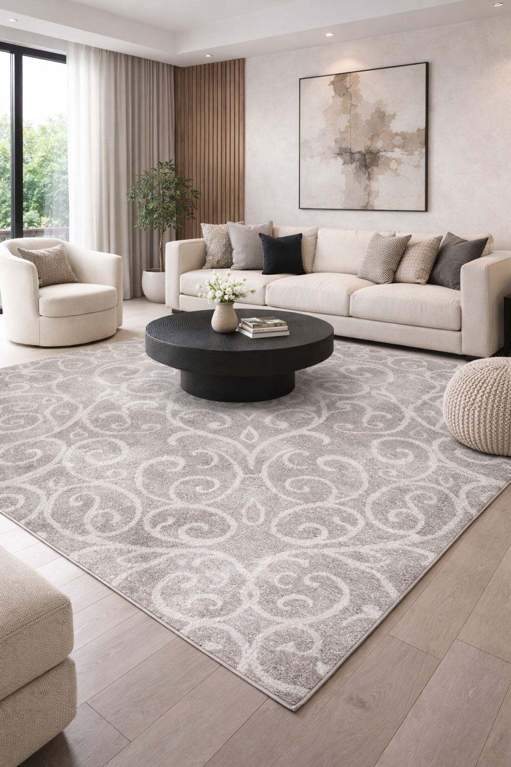 covor crem bej cu model clasic integrat intr-un living modern