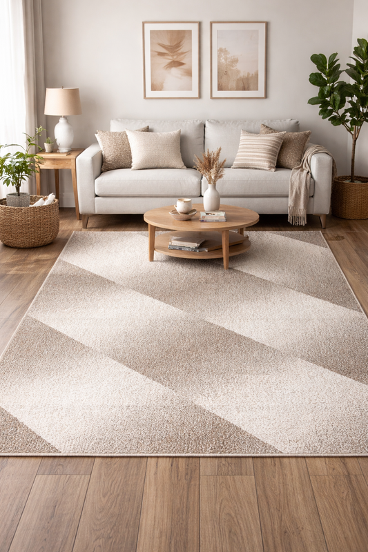 covor crem bej cu model geometric integrat intr-un living modern