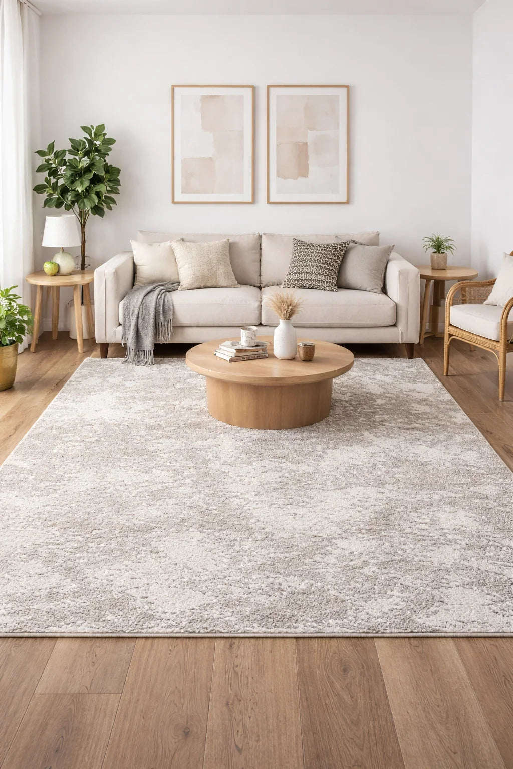 covor crem bej asezat intr-un living luminos