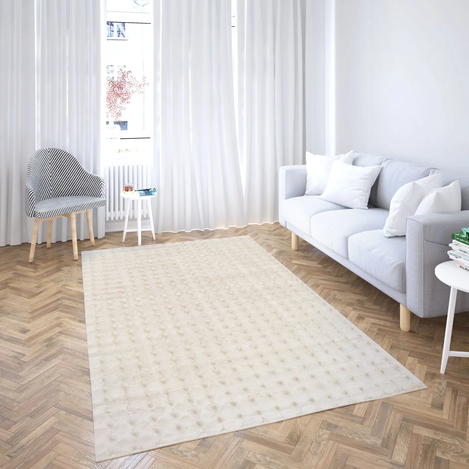 Covor crem pufos cu efect 3D pentru living, design modern si elegant, ideal pentru decor luminos