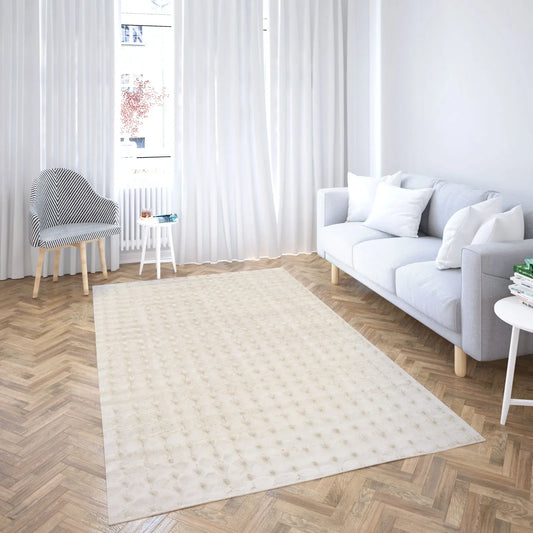 Covor crem pufos cu efect 3D pentru living, design modern si elegant, ideal pentru decor luminos