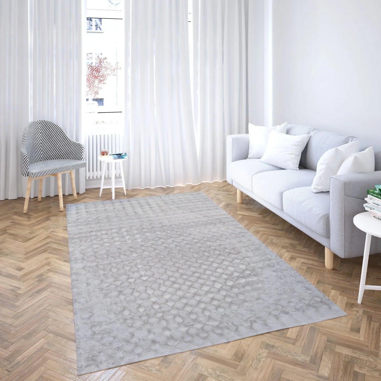 Covor gri cu efect 3D si textura geometrica, design modern ideal pentru living sau dormitor