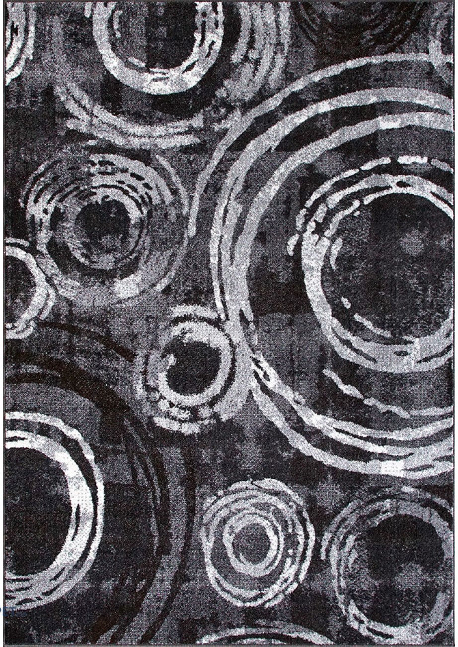 Detaliu model geometric cu cercuri gri si negru design modern pentru covor de living