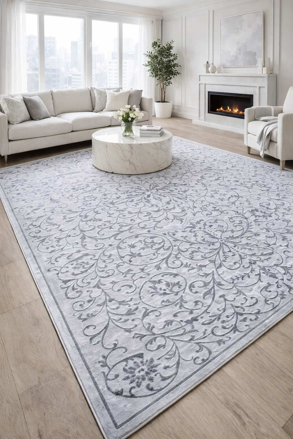 Covor gri modern amplasat in living, design elegant si usor de asortat in orice decor