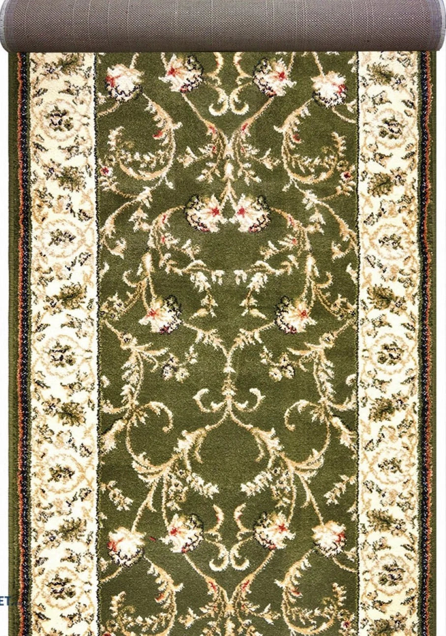 Covor hol lung verde clasic cu model floral ornamental si margine decorativa
