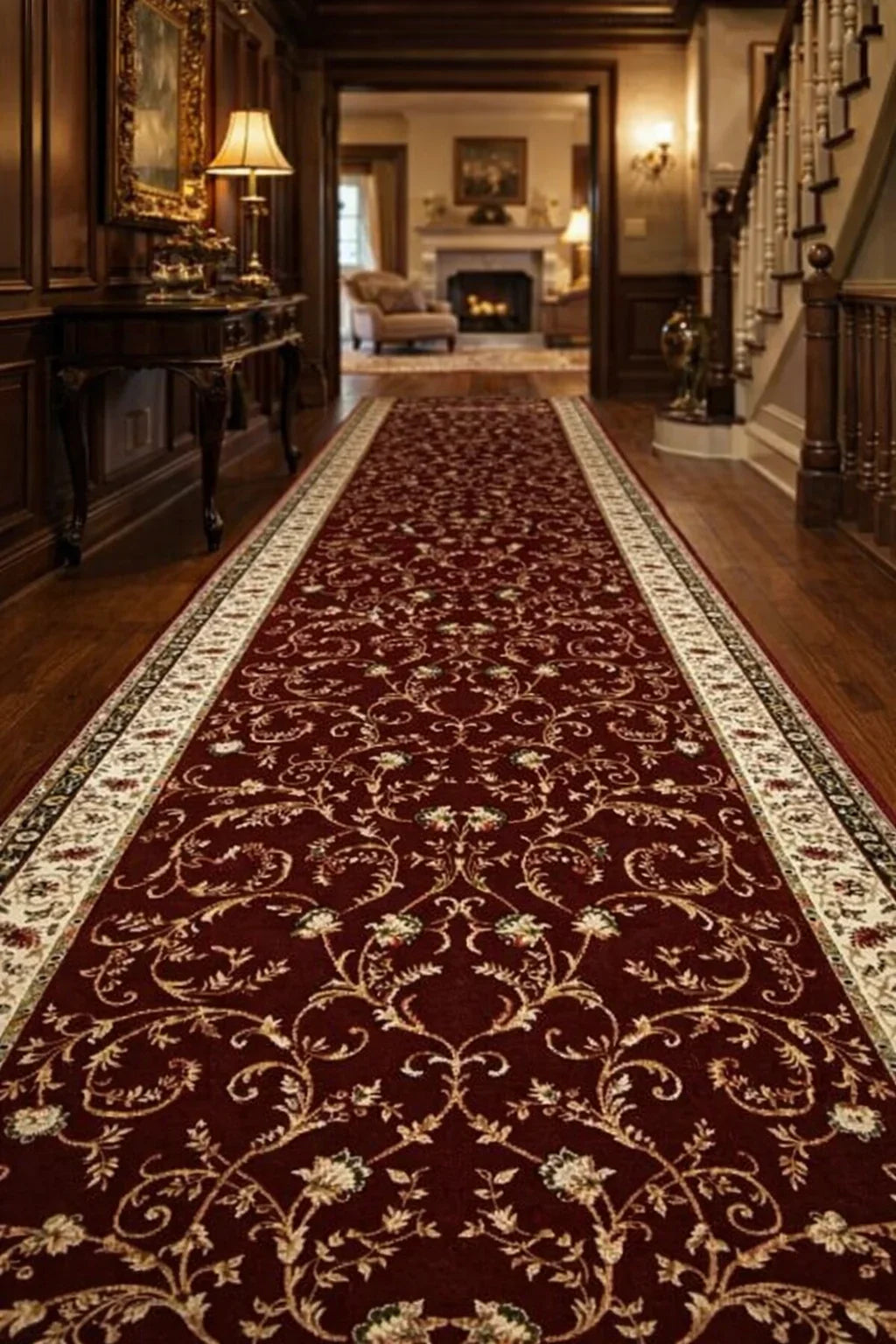 Covor hol lung visiniu stil clasic model Lotos 523 cu bordura crem eleganta