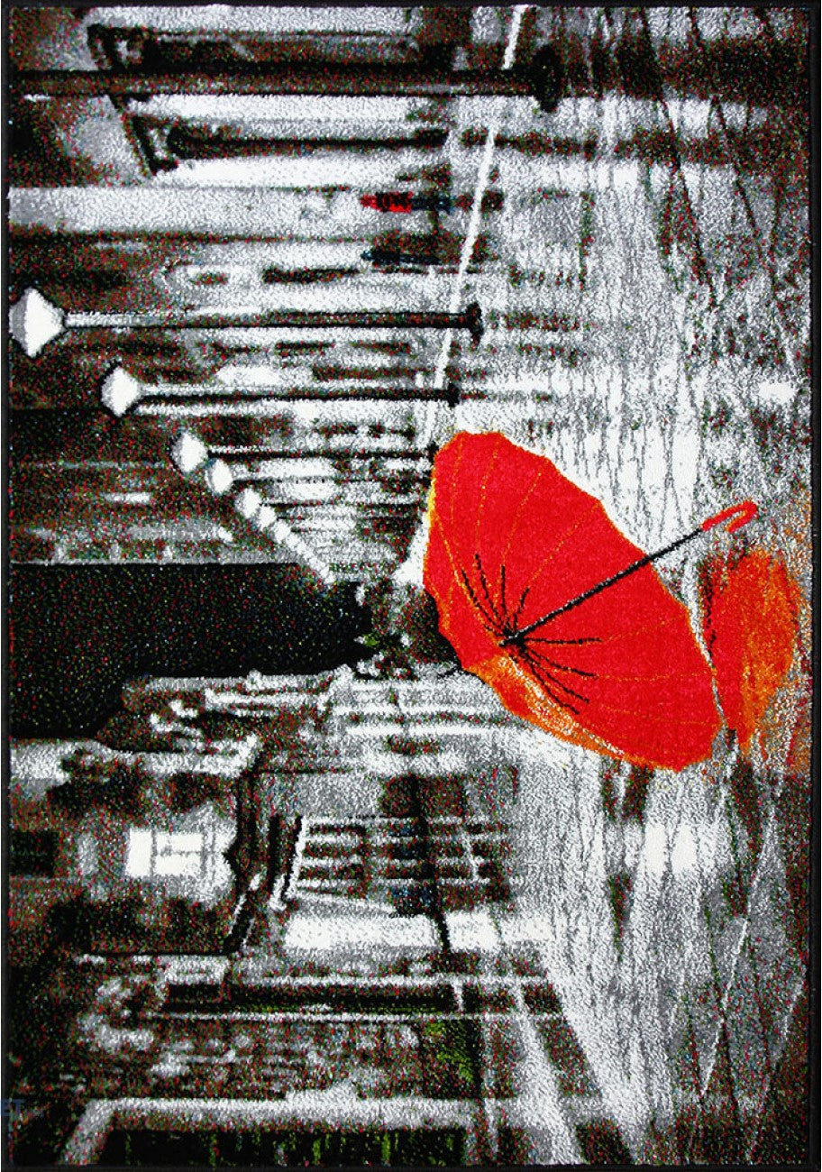 Covor living abstract în nuanțe alb, negru și roșu cu model umbrelă modernă