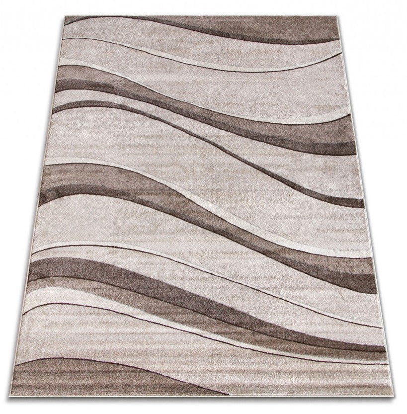Covor living bej maro cu linii ondulate design contemporan
