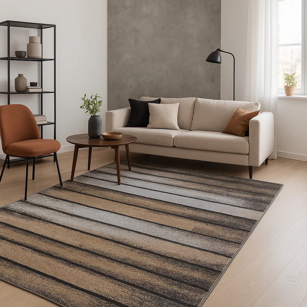 Covor living modern bej maro cu dungi, covor camera elegant si confortabil, ideal pentru decor interior