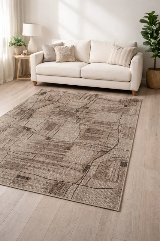 Covor living modern bej maro cu design elegant, ideal pentru amenajari moderne si confortabile