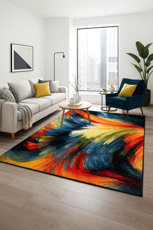 covor living modern colorat cu design abstract intr-un living elegant ideal pentru decor modern si confort