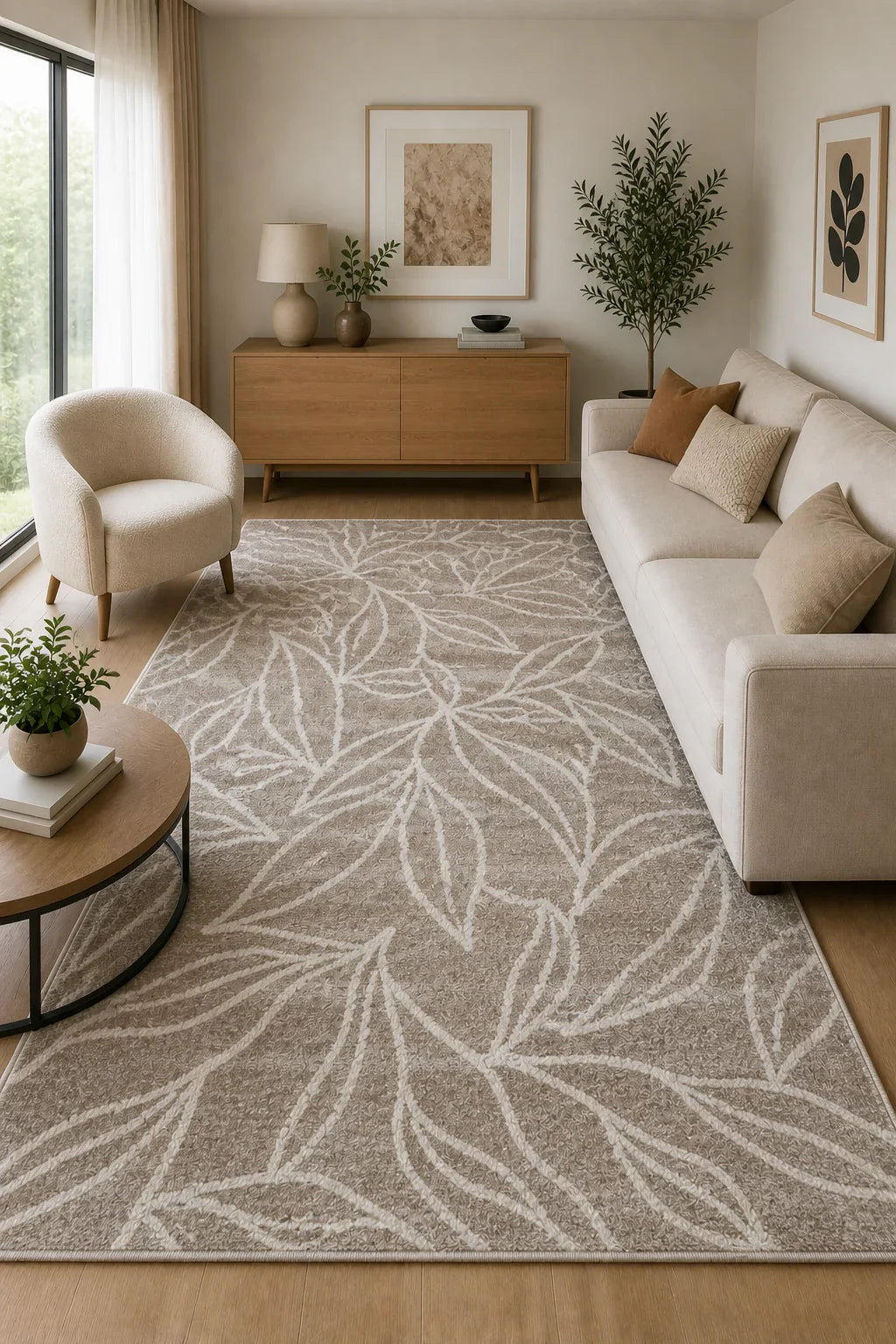 Covor living modern crem cu model frunze, antiderapant si elegant pentru living modern