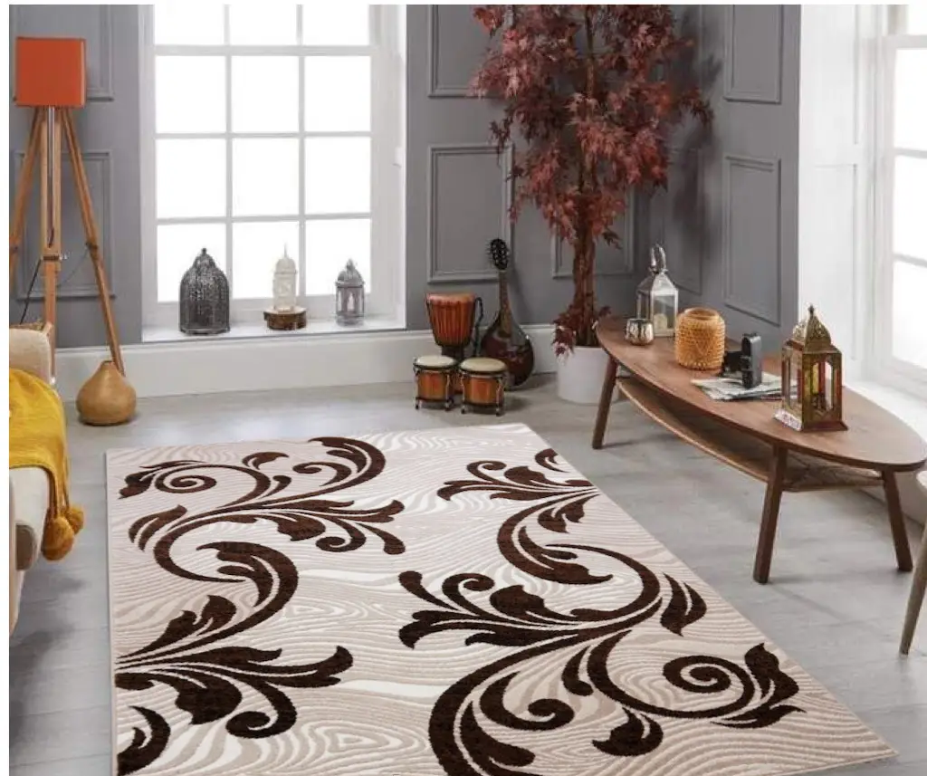 Covor living modern crem cu maro model abstract elegant pentru decor contemporan
