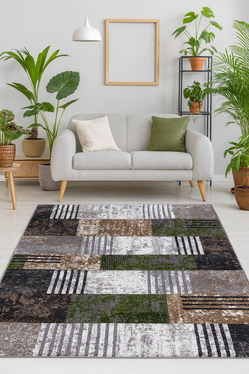 Covor living modern geometric în nuanțe gri, maro și verde pentru decor contemporan