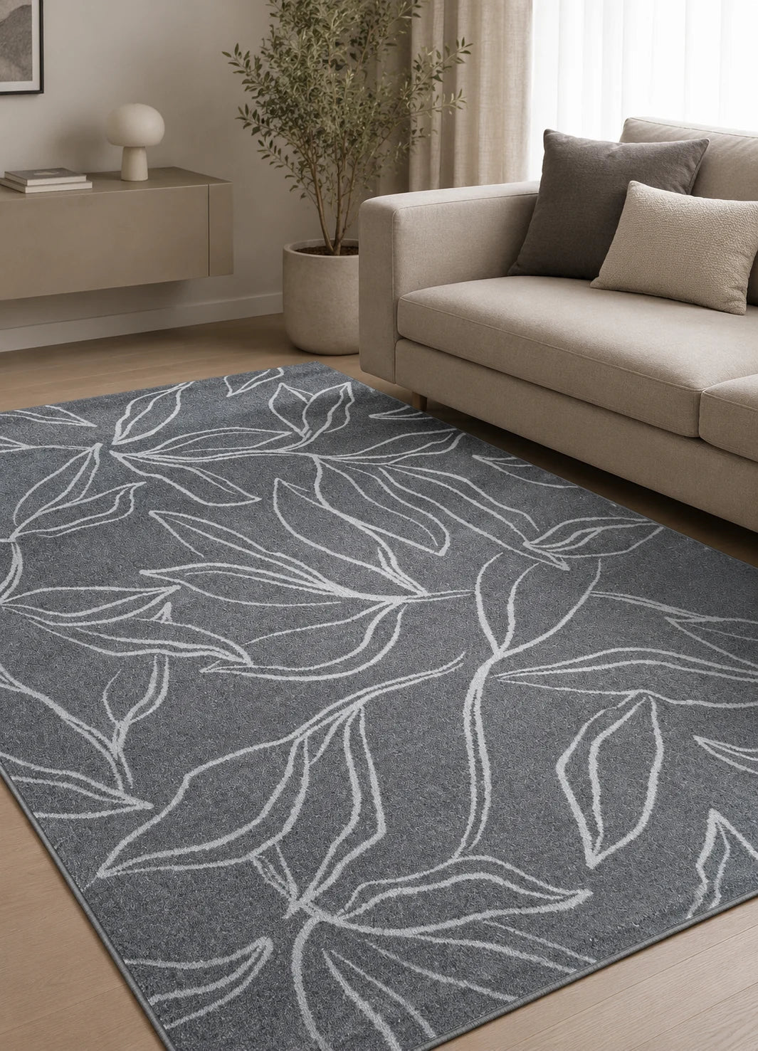 Covor living modern gri cu model frunze, antiderapant si elegant pentru living modern