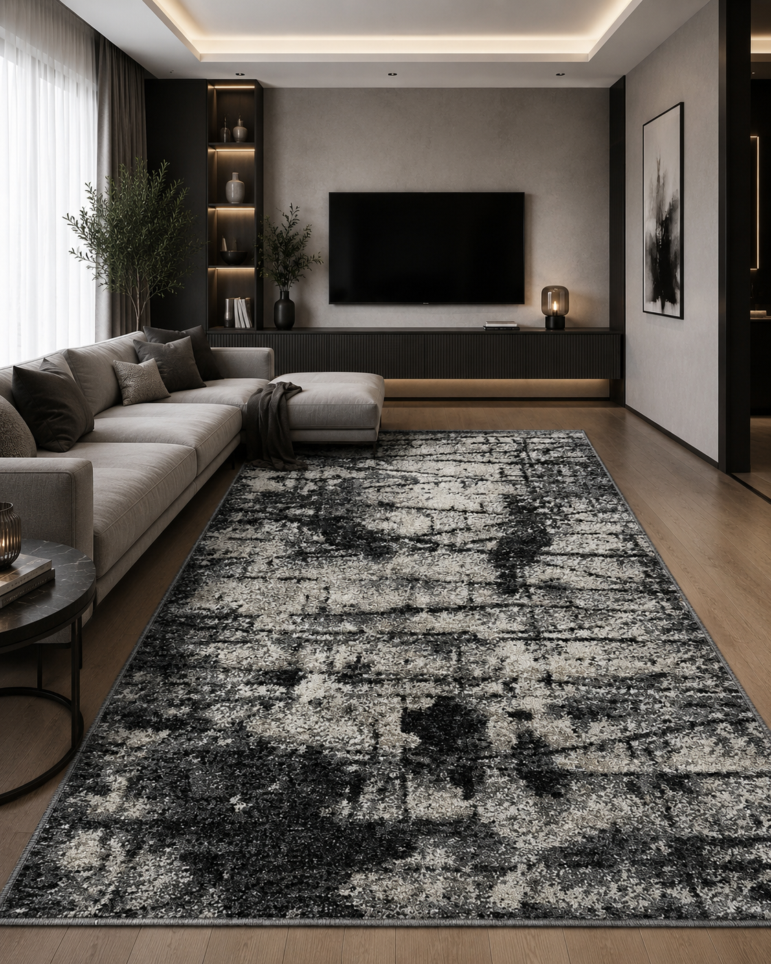 Covor living modern gri cu design abstract, antiderapant si elegant pentru living premium