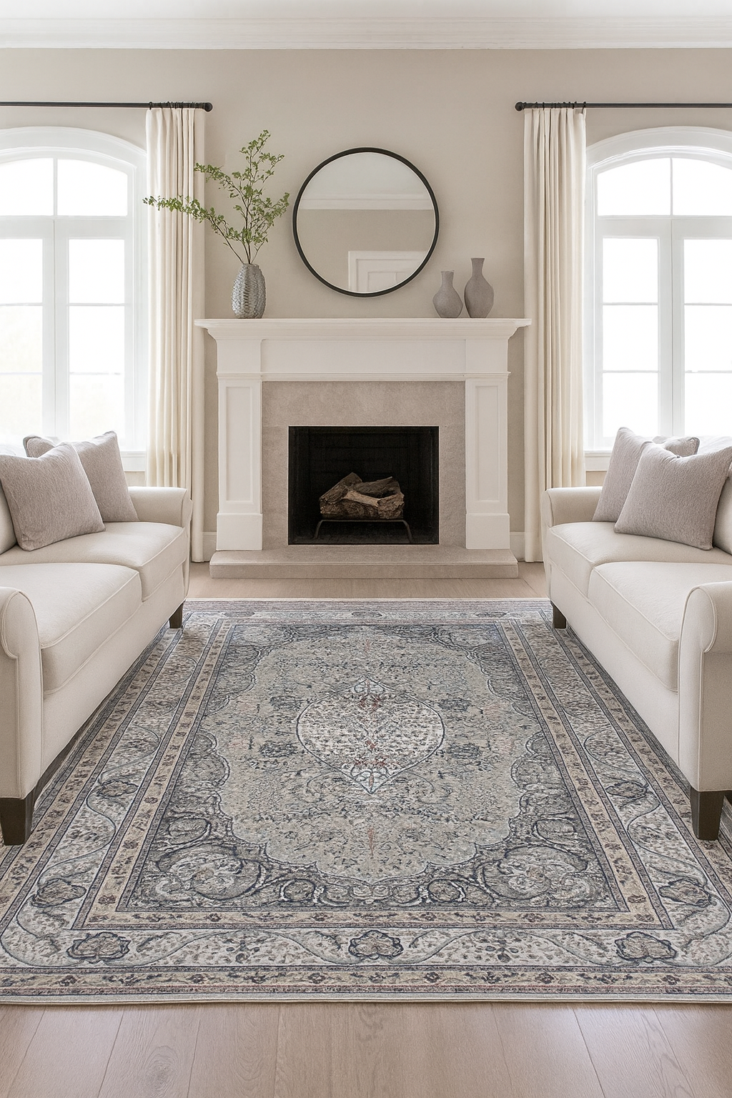 Covor living modern gri elegant cu model clasic decorativ potrivit pentru sufragerie si zona canapea