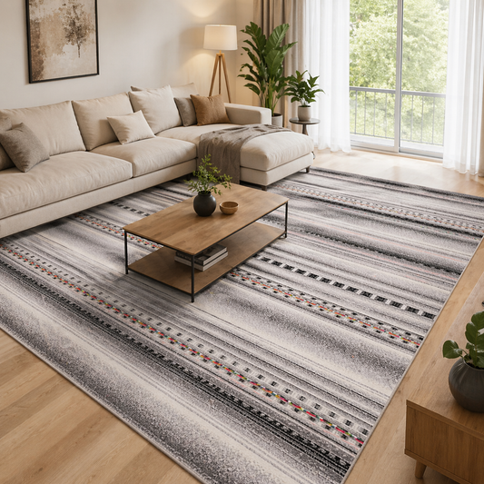 covor living modern gri intr-un living elegant cu canapea si masa decor minimalist si confortabil