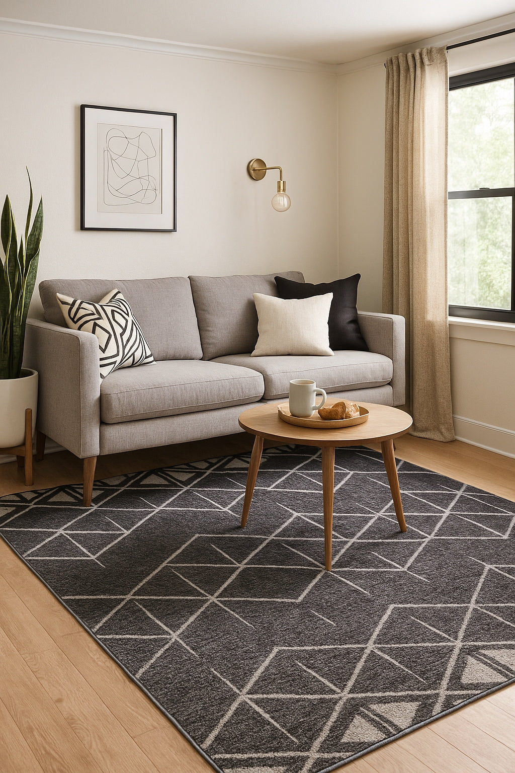 Covor living modern gri cu model geometric, ideal pentru amenajari elegante si contemporane