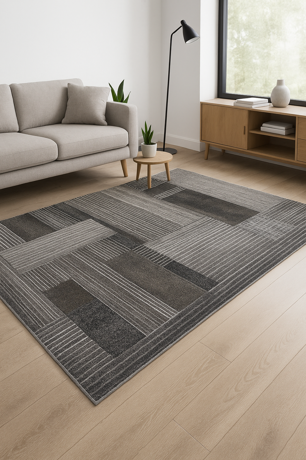 Covor living modern gri cu model geometric, ideal pentru amenajari elegante si contemporane