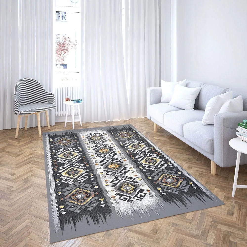 Covor living modern gri cu model etnic decorativ, ideal pentru amenajari elegante si contemporane