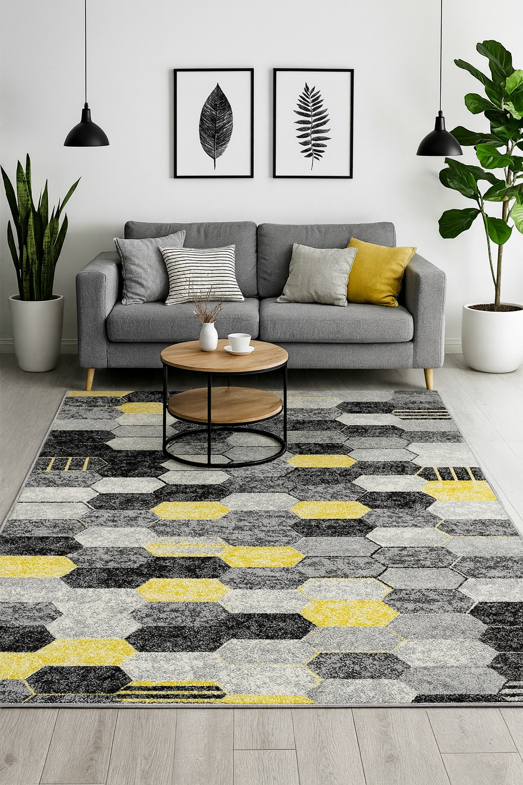 Covor living modern cu model hexagon în nuanțe gri și galben pentru decor modern