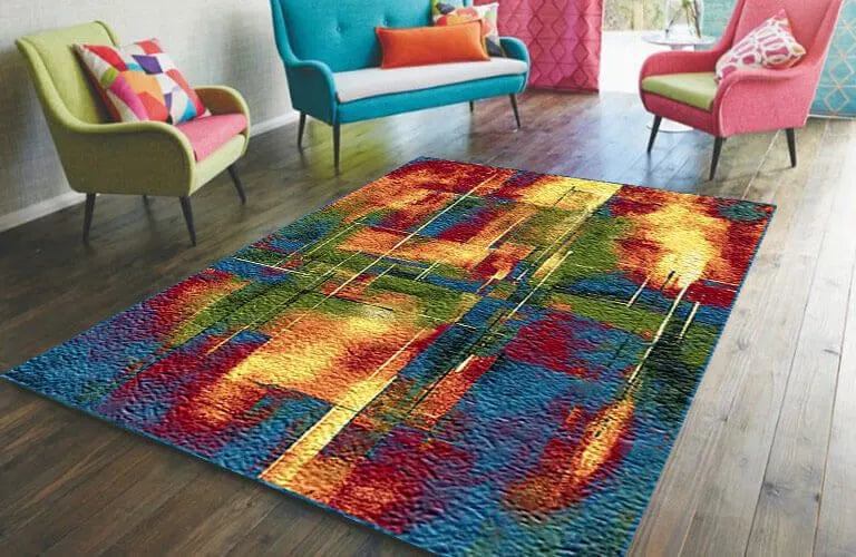Covor living modern multicolor cu design abstract, ideal pentru amenajari moderne si creative
