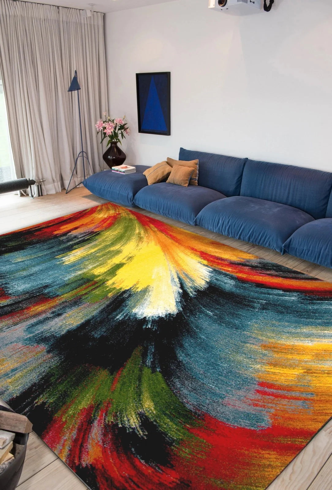 covor living modern multicolor cu model abstract potrivit pentru amenajare eleganta si spatiu confortabil