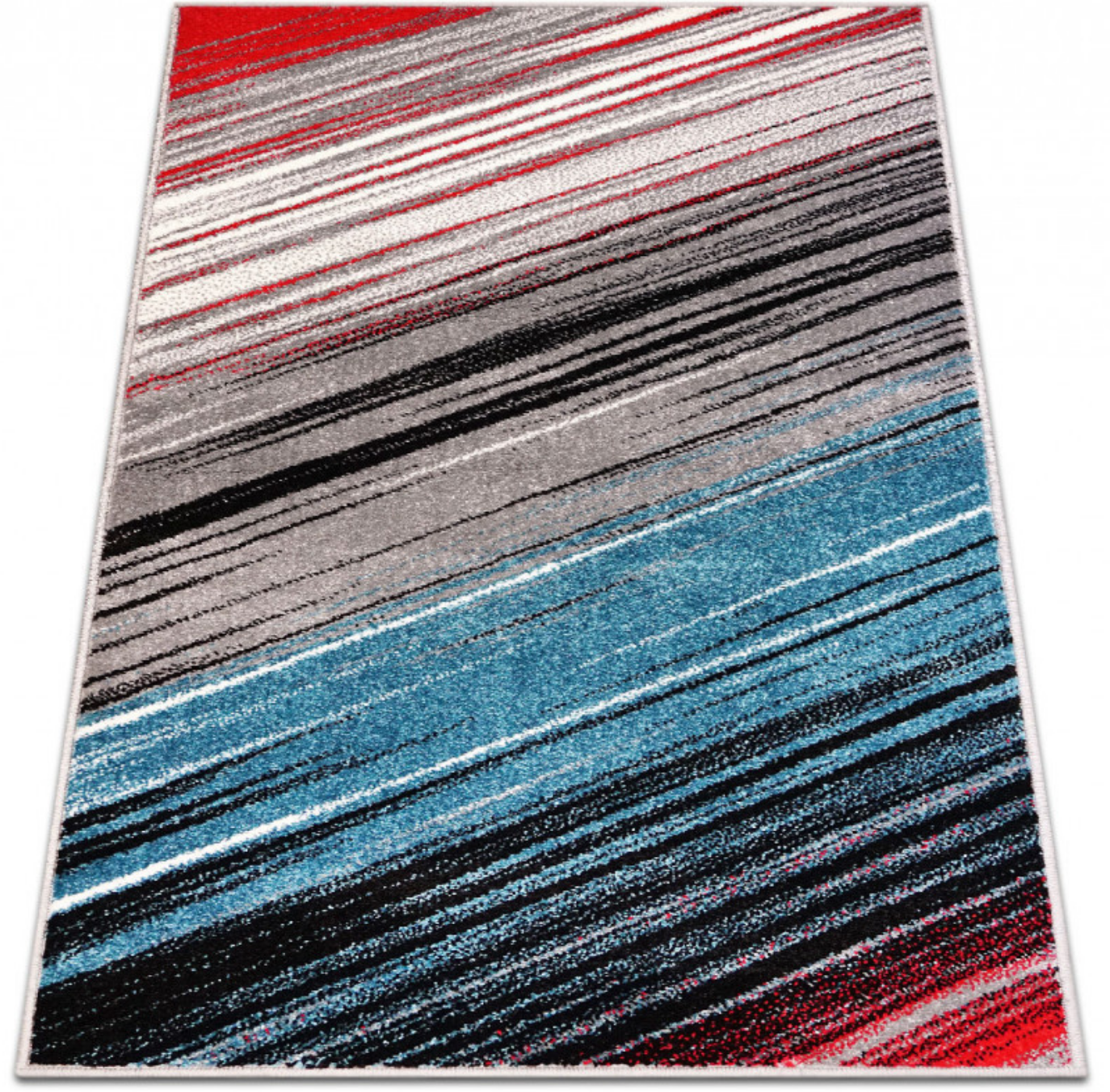 covor living modern multicolor vazut din colt cu design linii abstracte si aspect premium