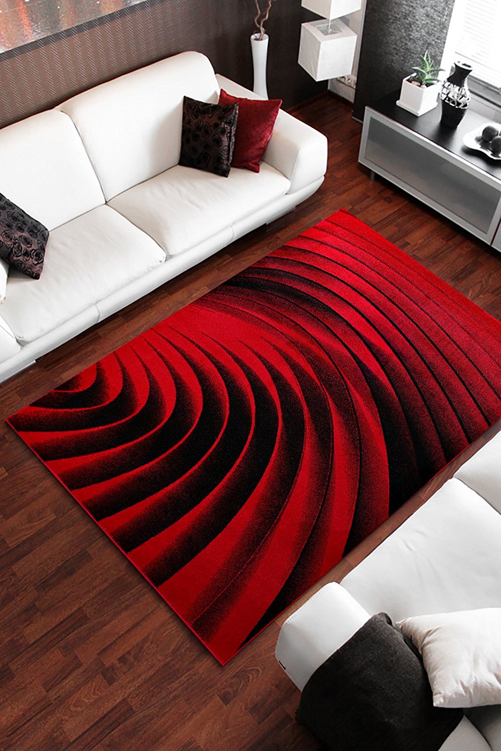 Covor living modern rosu cu design abstract si aspect elegant pentru amenajari contemporane