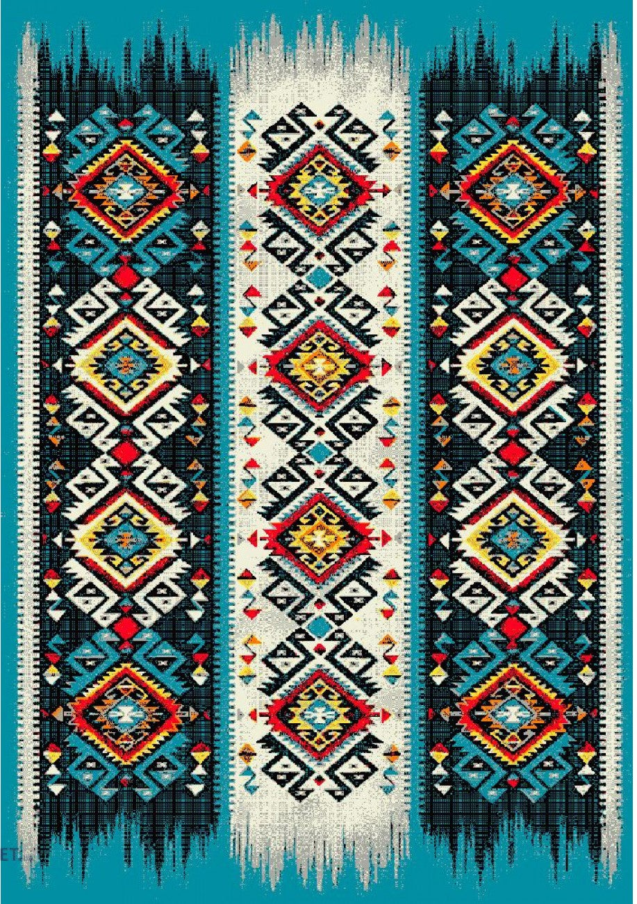 Covor living modern turcoaz cu model etnic decorativ, ideal pentru amenajari moderne