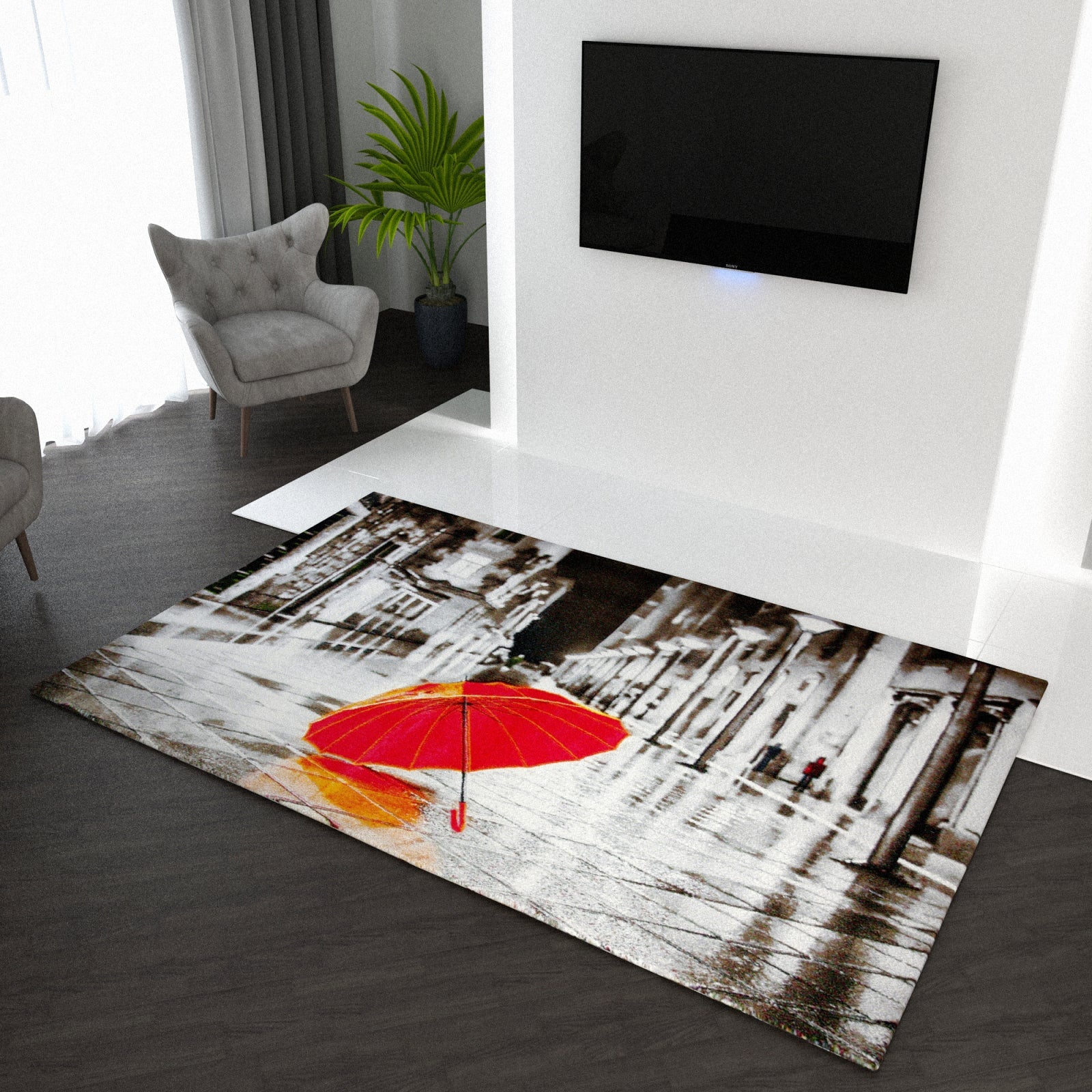 Covor living modern cu umbrelă roșie și design abstract pentru decor elegant