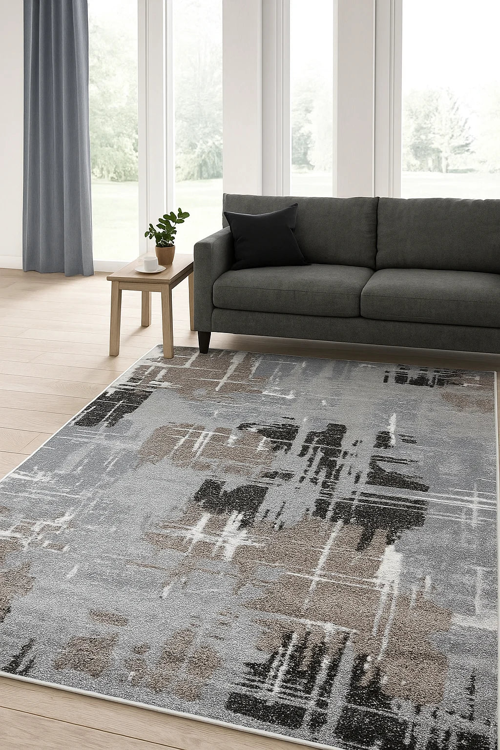 Covor modern abstract gri maro în living, potrivit pentru decor contemporan