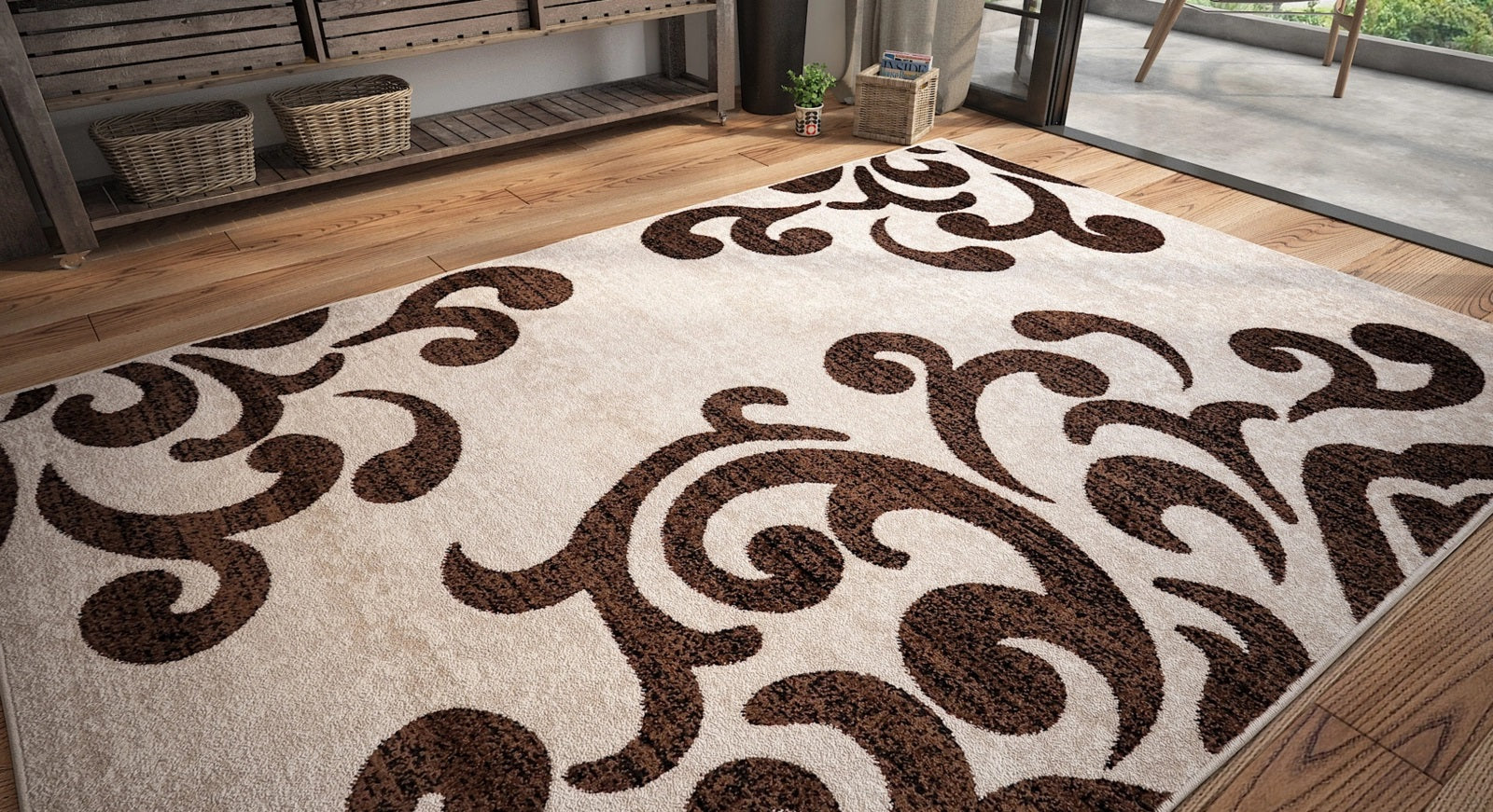 Covor modern bej maro cu model ornamental pentru living elegant