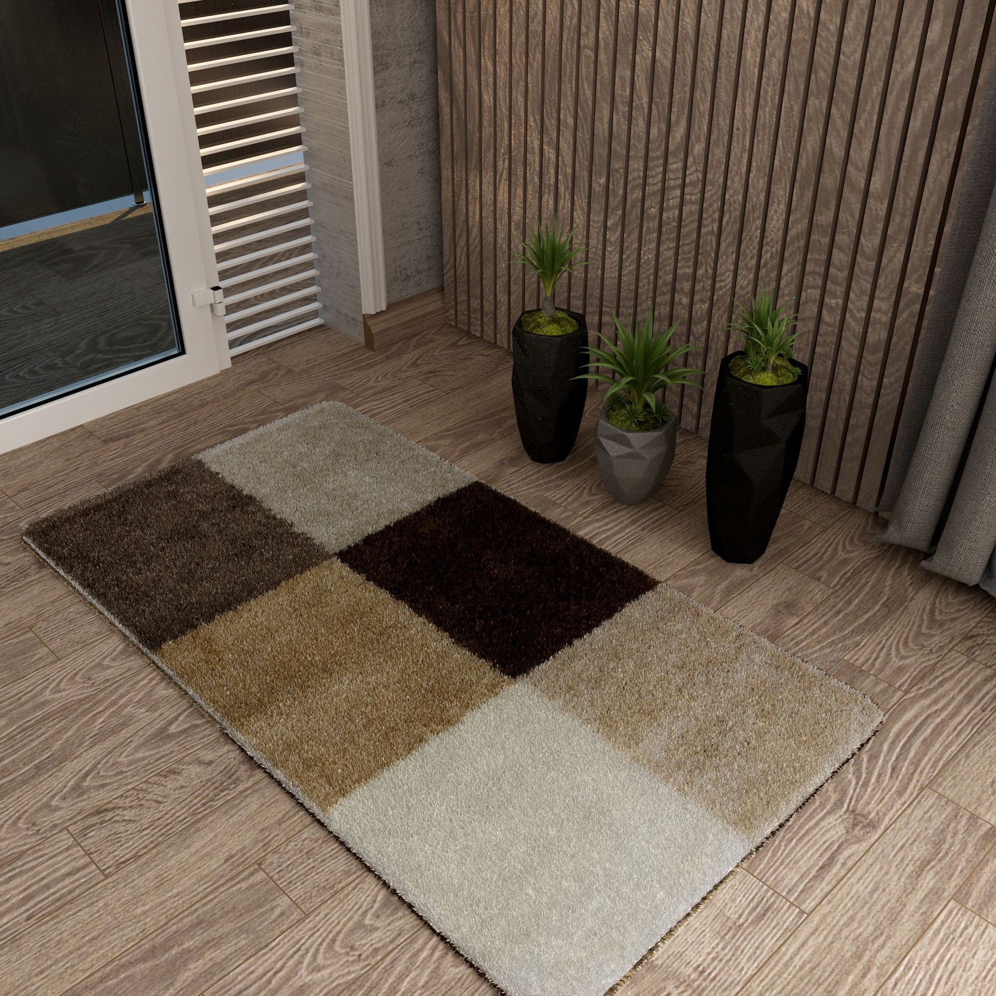 Covor modern bej maro cu model patchwork pentru living, covor decorativ elegant pentru casa