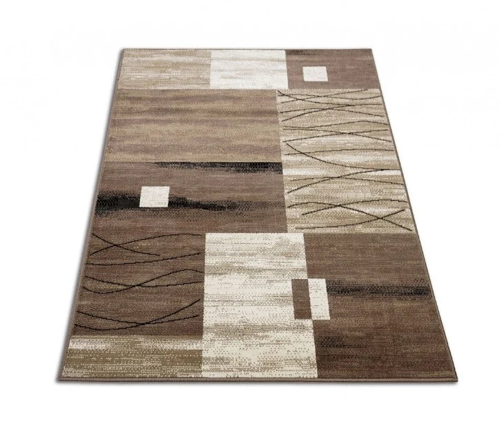 covor modern bej maro cu design geometric, vedere completa