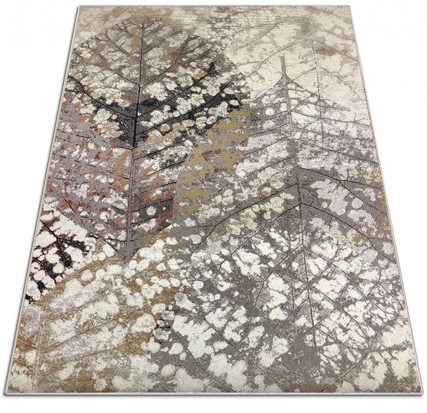 Perspectiva laterala a covorului modern crem bej, textura densa si finisaj de calitate